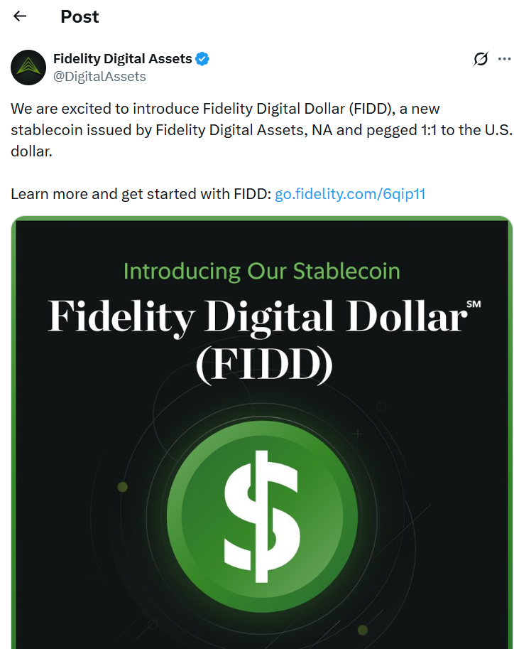 Fidelity ra mắt stablecoin FIDD neo tỷ giá 1:1 với USD缩略图 Fidelity ra mắt stablecoin FIDD neo tỷ giá 1:1 với USD