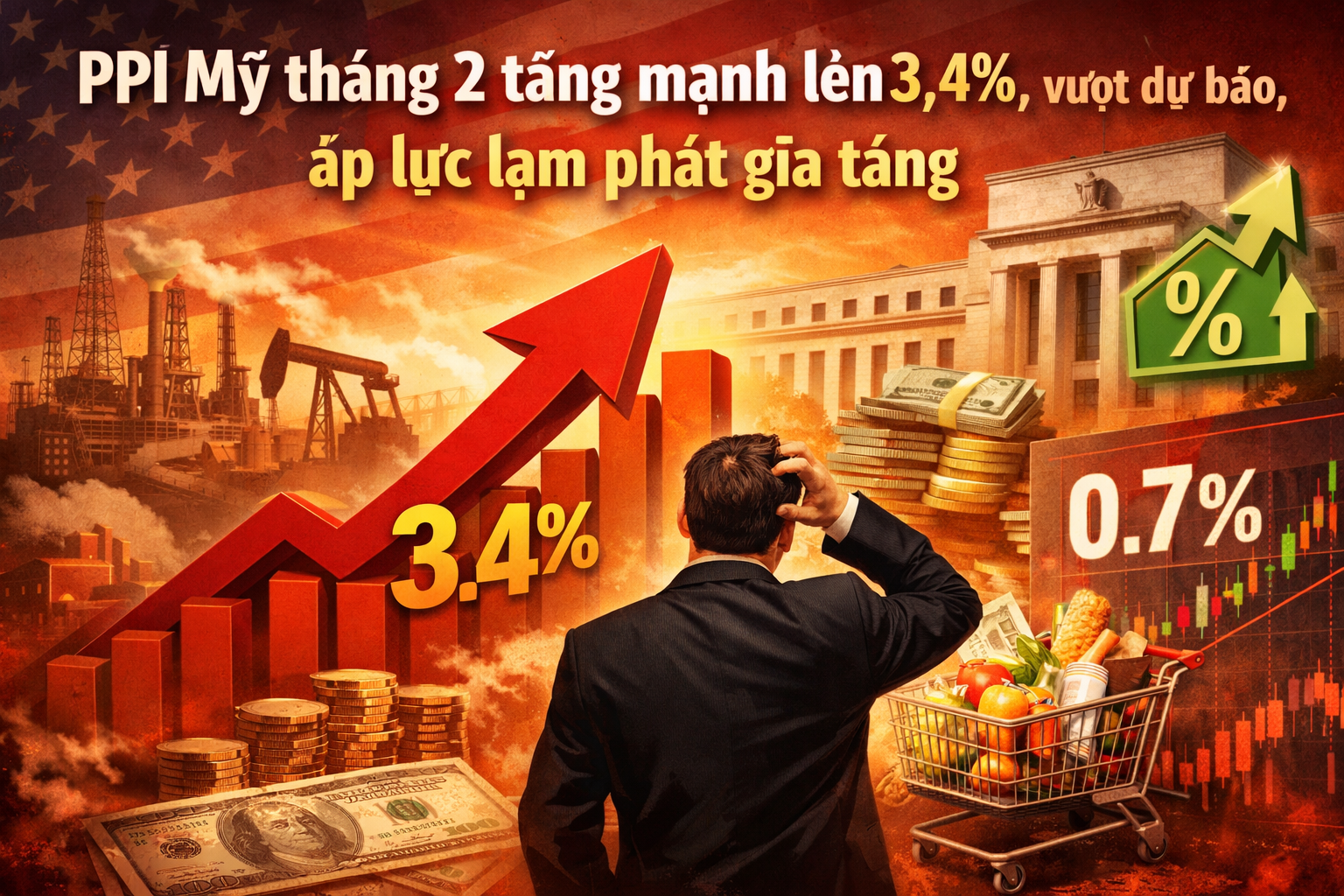 PPI Mỹ tháng 2 tăng mạnh lên 3,4%, vượt dự báo, áp lực lạm phát gia tăng