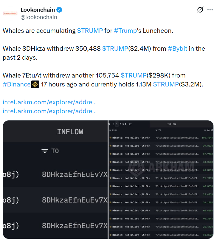 Cá voi ồ ạt gom token TRUMP trước thềm bữa trưa đặc quyền tại Mar-a-Lago của Donald Trump缩略图 Dữ liệu giao dịch cá voi TRUMP
