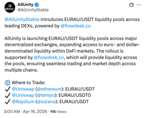 AllUnity đưa stablecoin EURAU tuân thủ MiCA vào DeFi thông qua Uniswap và Raydium
