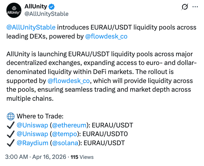 AllUnity đưa stablecoin EURAU tuân thủ MiCA vào DeFi thông qua Uniswap và Raydium缩略图 AllUnity đưa stablecoin EURAU tuân thủ MiCA vào DeFi thông qua Uniswap và Raydium