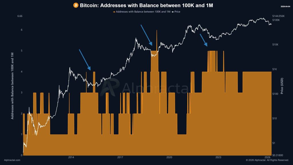 Bitcoin đối mặt rủi ro khi nhu cầu suy yếu, chỉ 4 ví nắm trên 100.000 BTC缩略图 Bitcoin addresses