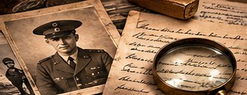 An old service portrait, handwritten letters and a magnifying glass