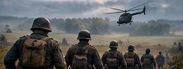 Soldiers walking toward a helicopter across a misty field